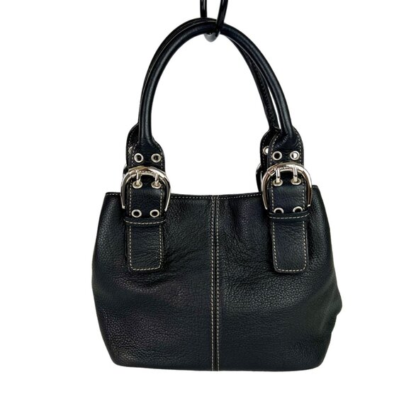 Tignanello Black Leather Purse Handbag Satchel Bucket Bag Buckle Double Handle - Picture 1 of 13